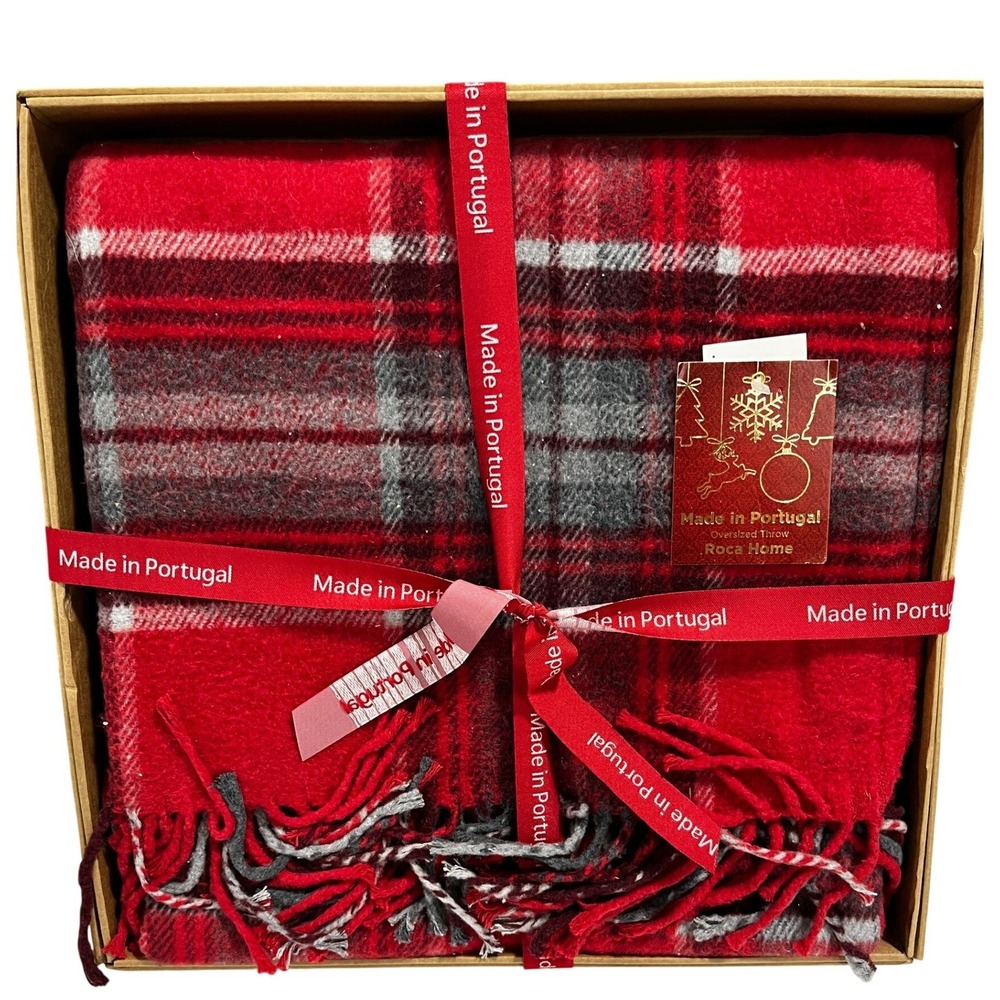 Roca Home Oversized Throw Blanket Red Plaid Fringe Portugal New